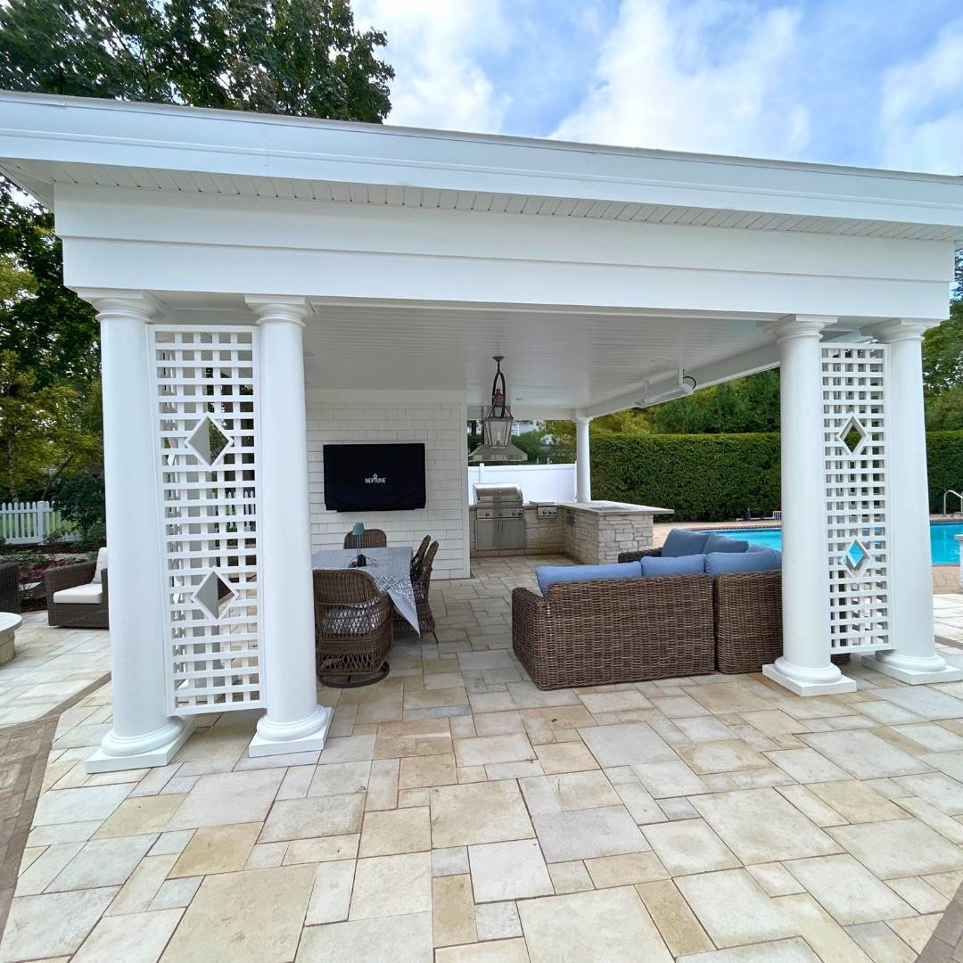 custom white pavillion for outdoor dining and seating