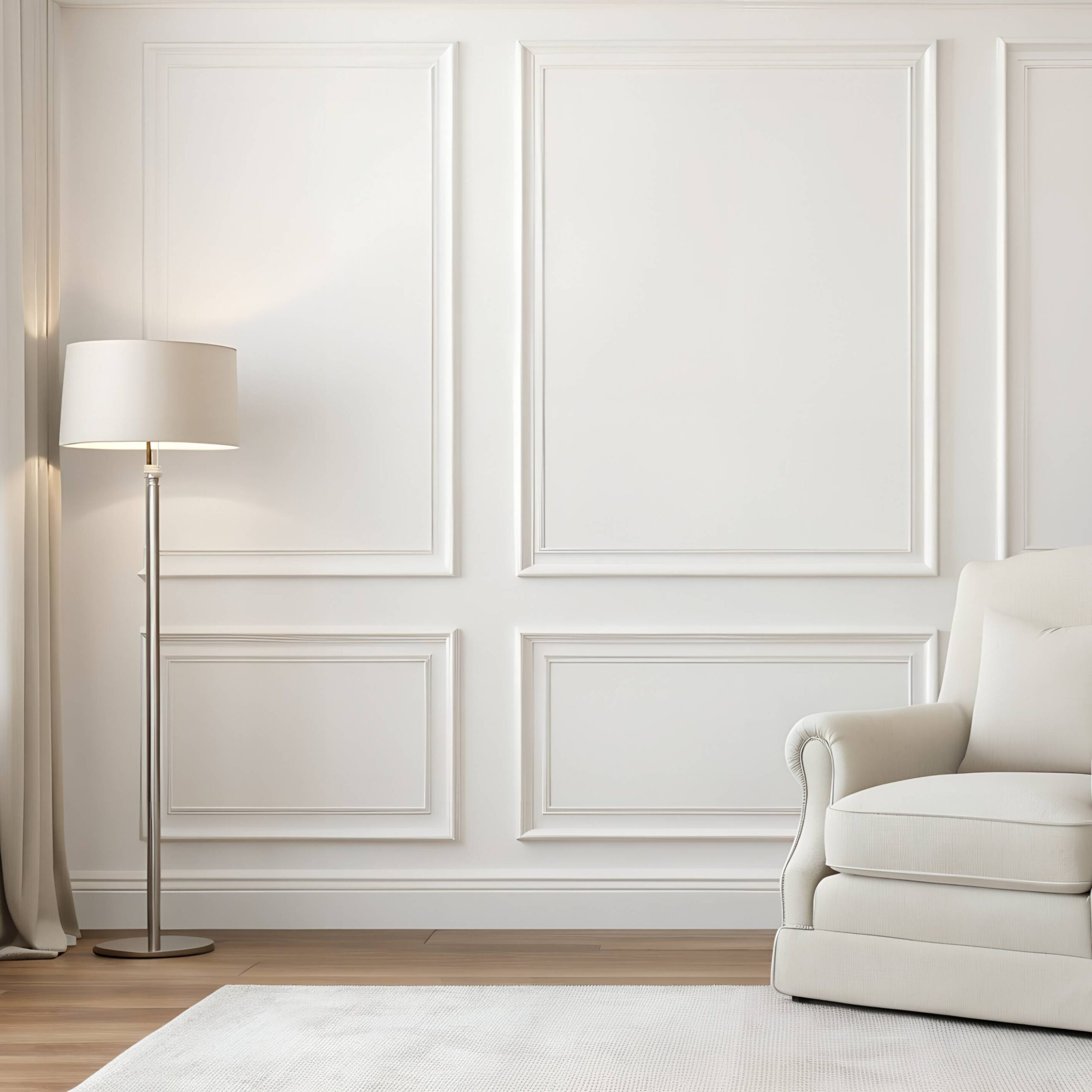 white wainscoting with a lamp and white chair as accents