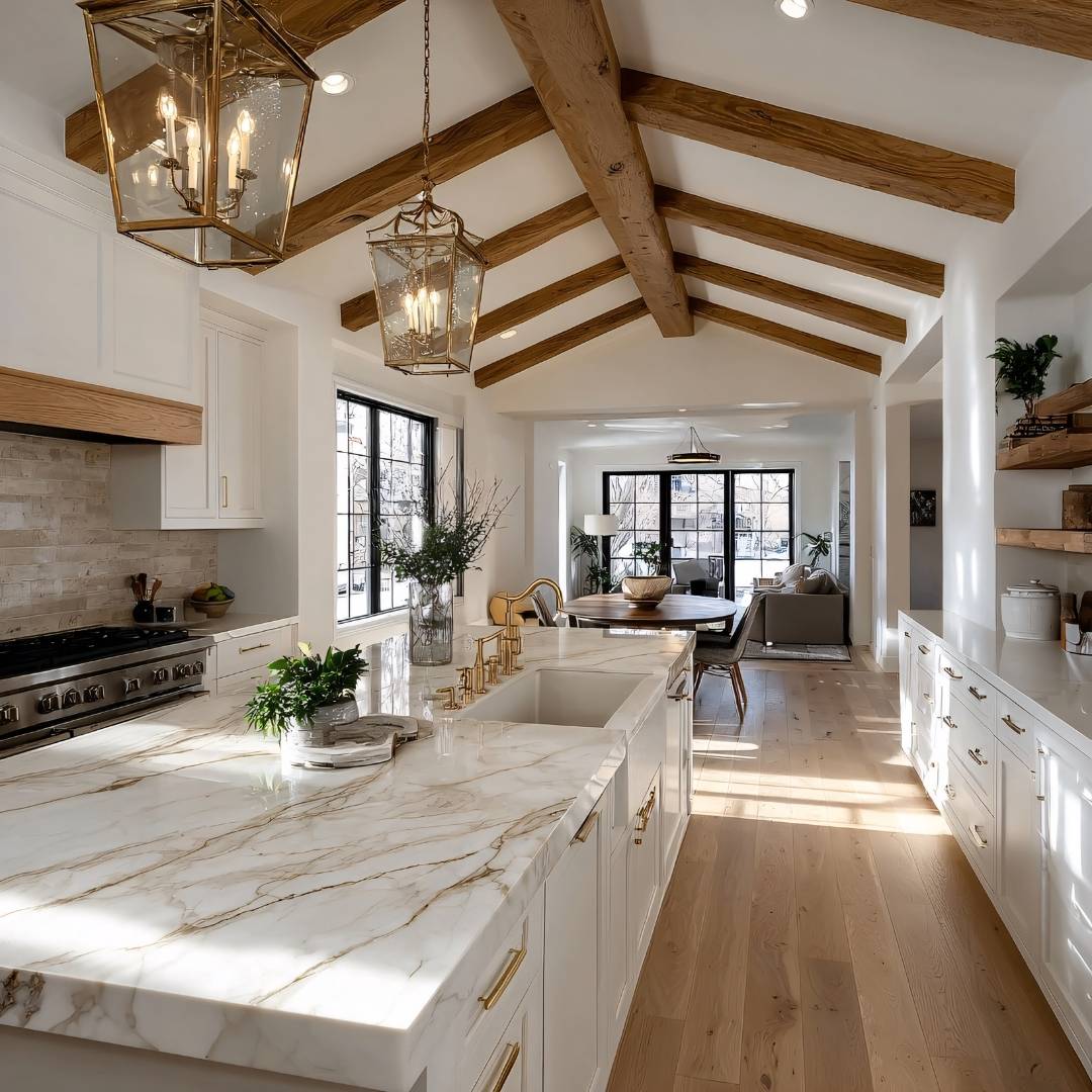 Faux beam installtion in kitchen with cathedral ceilings